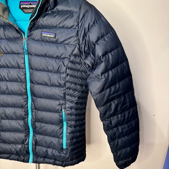 Patagonia Down Sweater Hoody Puffer Jacket Navy / Turquoise Blue Women’s XS - Picture 5 of 14